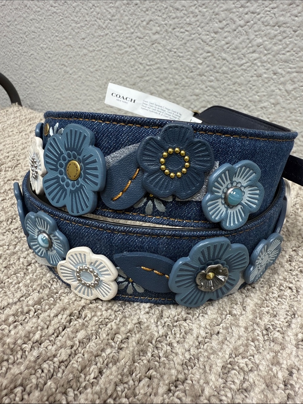 Coach Denim Tea Rose Appliqué Bag Strap in Blue and Cream